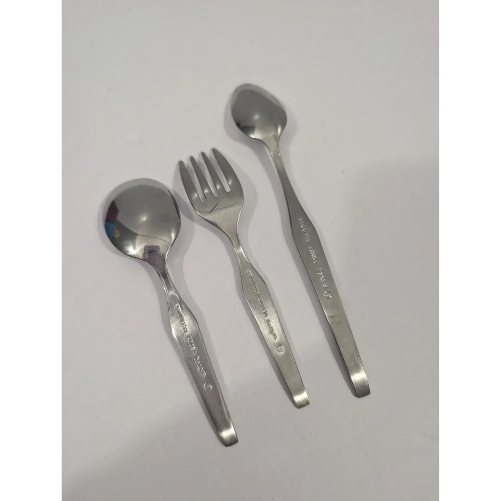 Vintage Kids Stainless Steel Flatware Set 3pc Fork Spoon Korea Mid Century Style